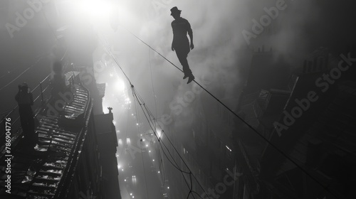 A silhouetted person maintains balance on a tightrope in a noir, fog-filled urban nightscape, evoking a sense of suspense and drama, illustrating the clarity required in financial planning