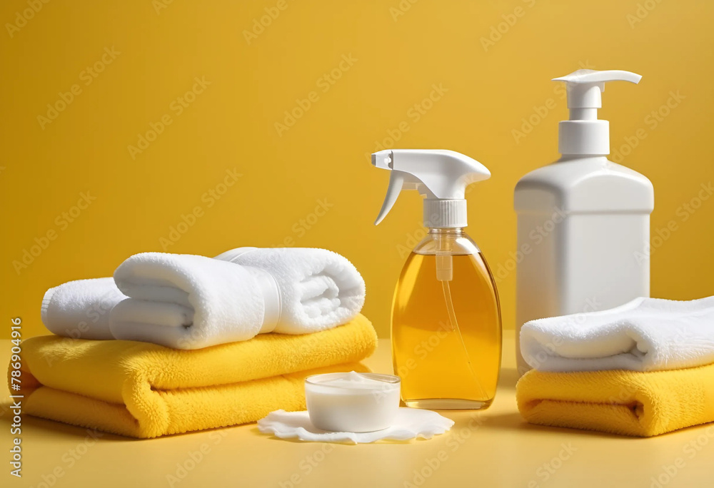 Cleaning soap and towels on yellow background, cleaning and hygiene concept 