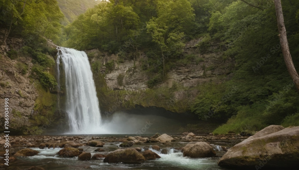 Obraz premium Beautiful waterfall amid the mountains' ancient summer woodland