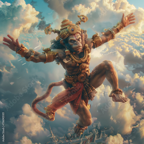 Hanuman, the Hindu deity, leaps across the sky with divine grace and power