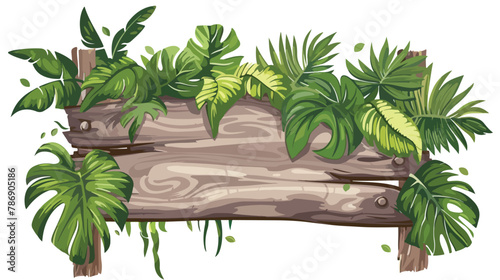 Jungle rainforest wood sign with tropical leaves 