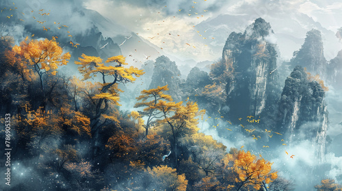 Behold a stunning scene in China where trees and birds gleam like gold against a dark sky, with mountain foliage and puffy white clouds adding to the enchanting landscape. 
