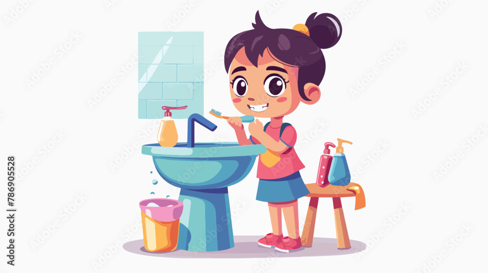 Kid girl washing hands and brushing teeth holding too