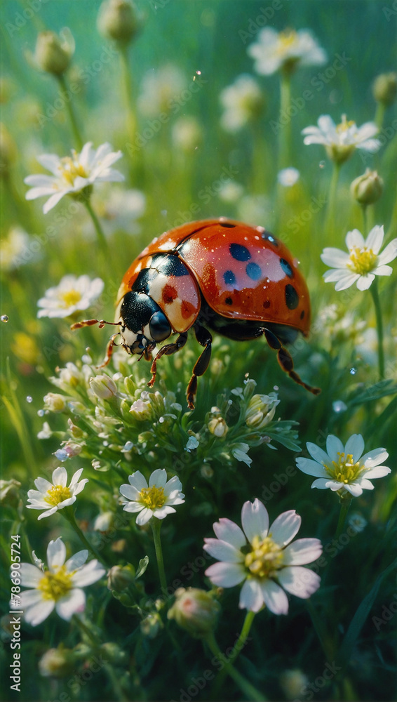 Fototapeta premium Image of beetles among flowers and grass, macro photo 4