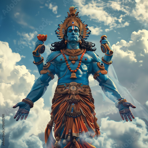 Vishnu, the Indian god, stands tall in the sky, exuding divine power and tranquility