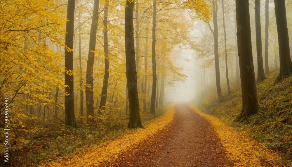 Beautiful, foggy, autumn, mysterious forest with pathway forward. Footpath among high trees with yellow leaves