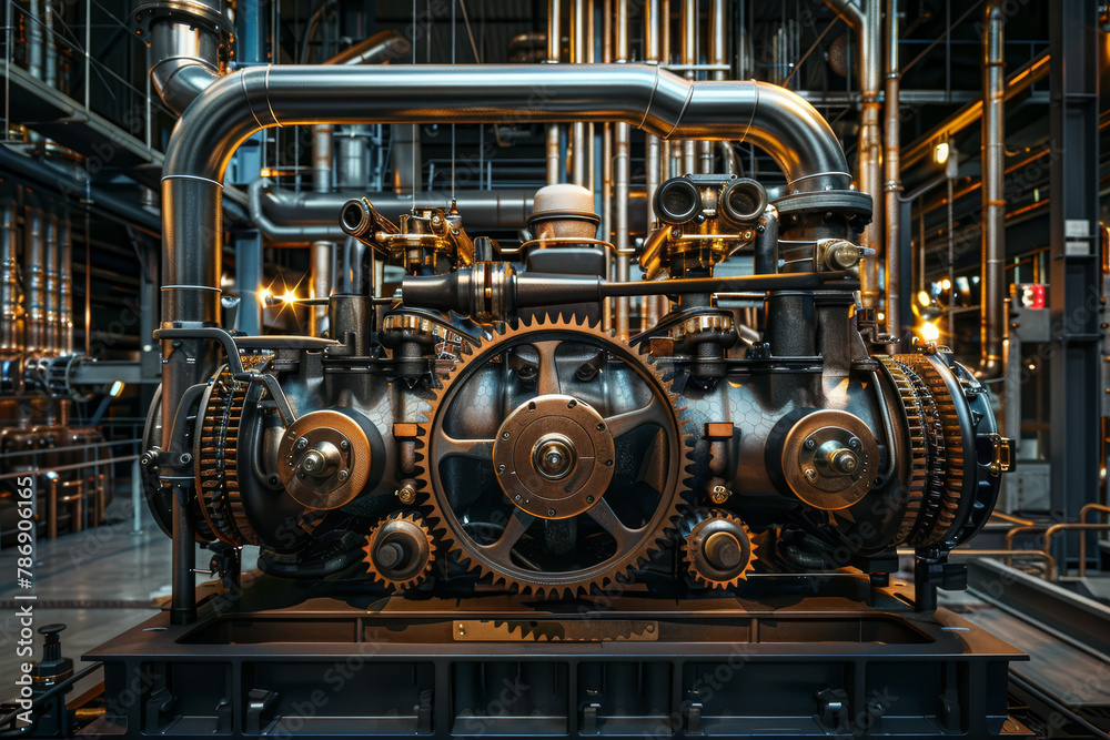 Vintage industrial engine showcasing a complex arrangement of gears, pipes, and mechanical components in a factory setting..