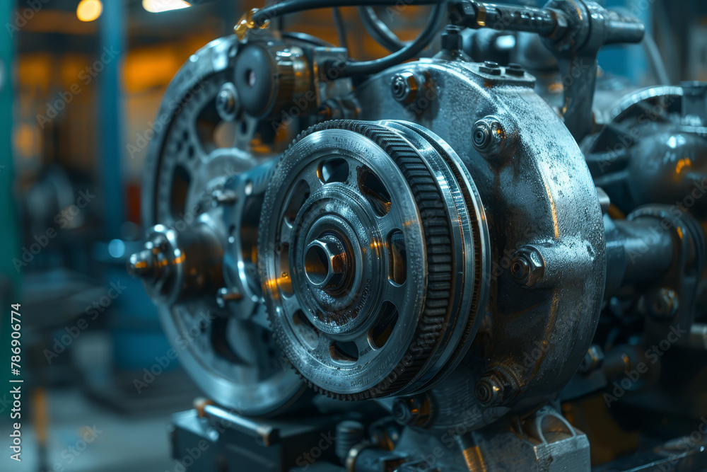 Close-up view of a complex machinery with interlocking metal gears and cogs, highlighting precision engineering and industrial design.. Close-up view of a complex machinery with interlocking metal gears and cogs, highlighting precision engineering and industrial design..