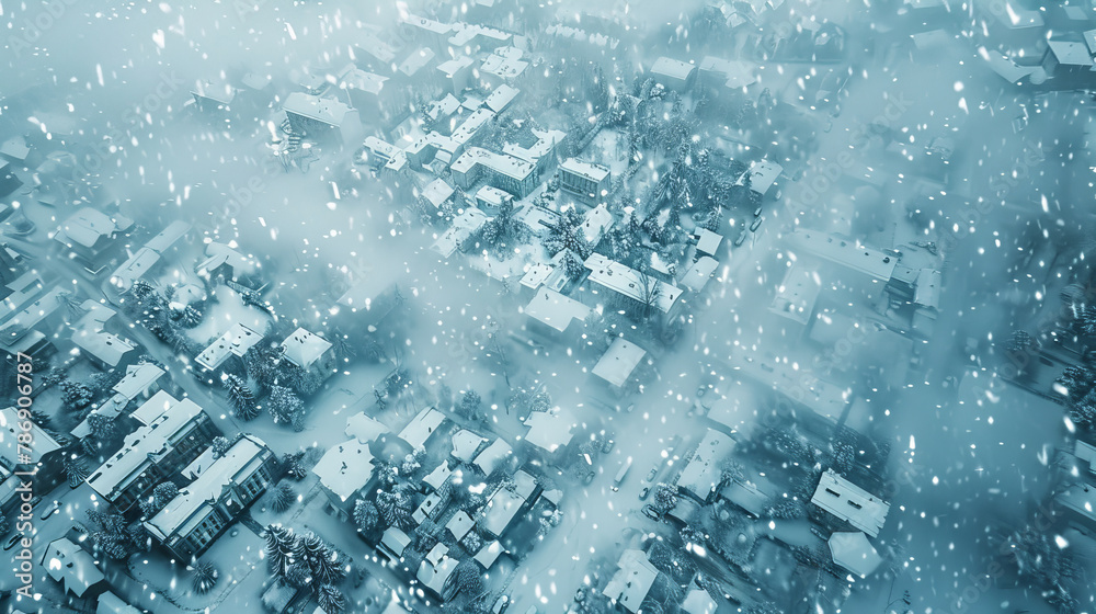 Snowstorm Blanketing City Skyline Aerial View.
