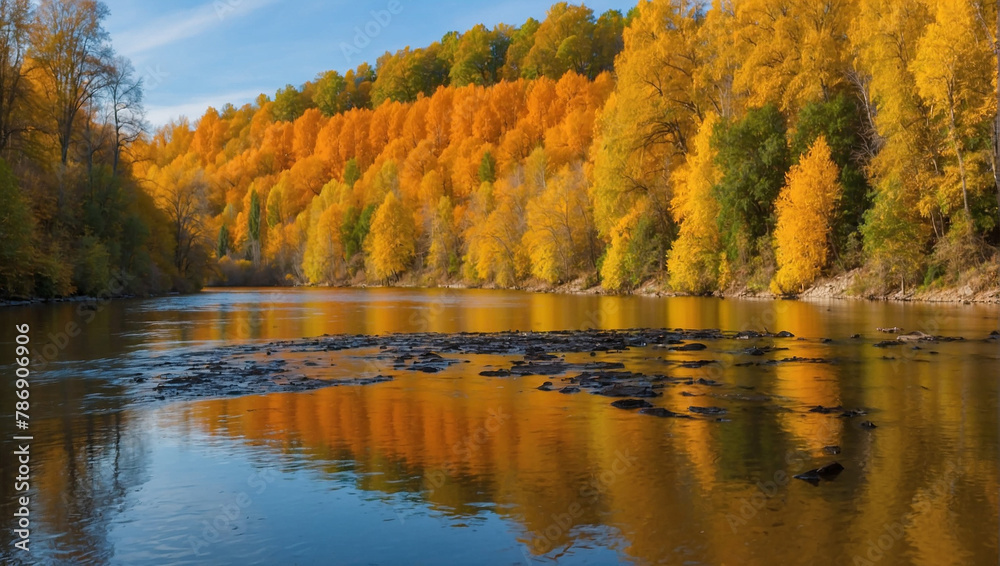A river flowing through a valley with trees on the banks. The trees are in autumn colors.

