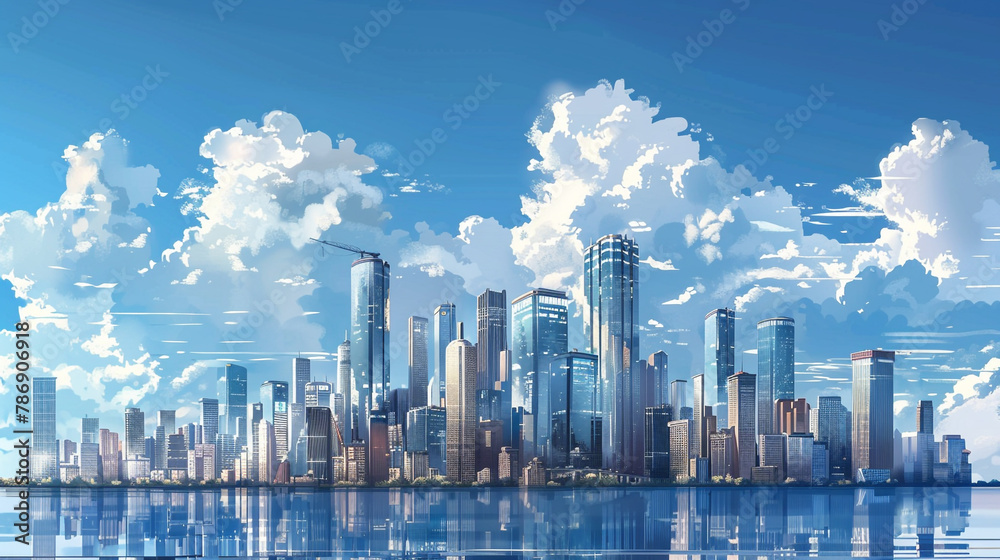 Behold the impressive skyline adorned with reflective glass skyscrapers and office buildings against a backdrop of the serene blue sky and fluffy clouds. 
