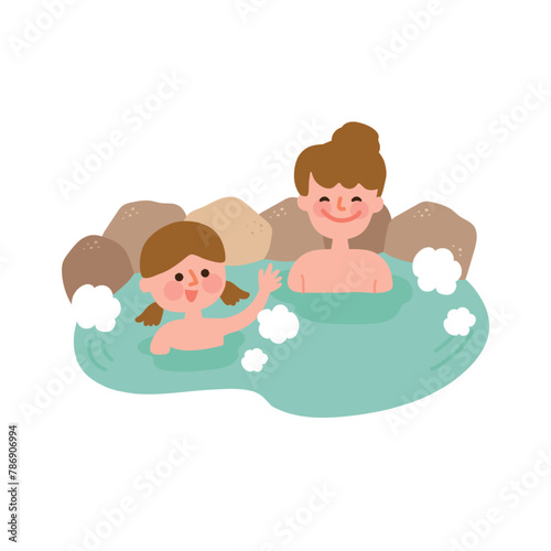 温泉につかるお母さんと子供のイラスト