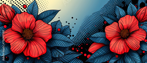 a two red flowers on a blue background with a halftone