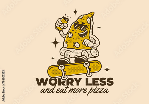 Worry less and eat more pizza. Retro illustration of pizza character jumping on skateboard