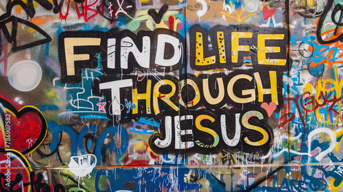 Spray painted graffiti wall font Find life through Jesus graf paint artist tag yellow colorful cross heart suburb city street art mural forgives faith god religion church quote background painting 