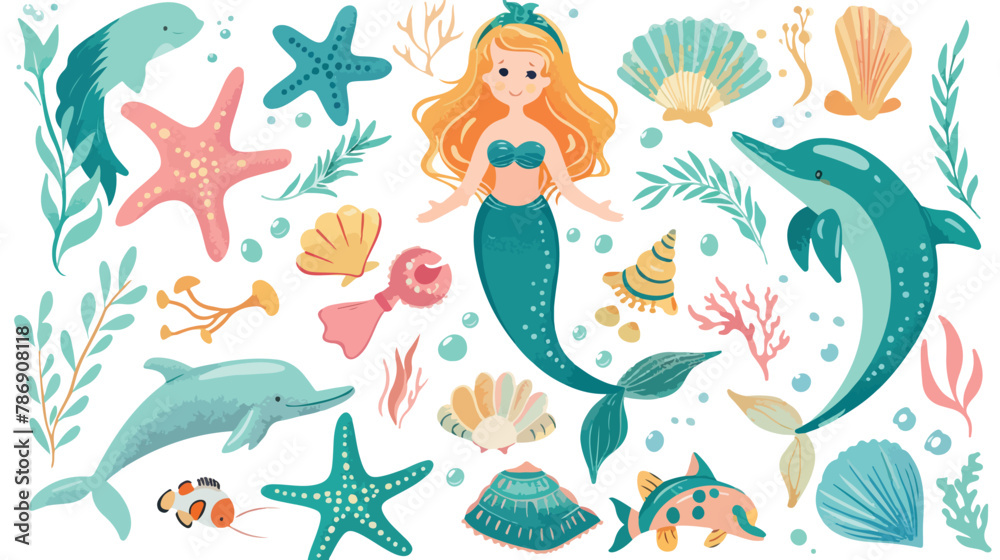 Marine life illustrations set Little cute cartoon