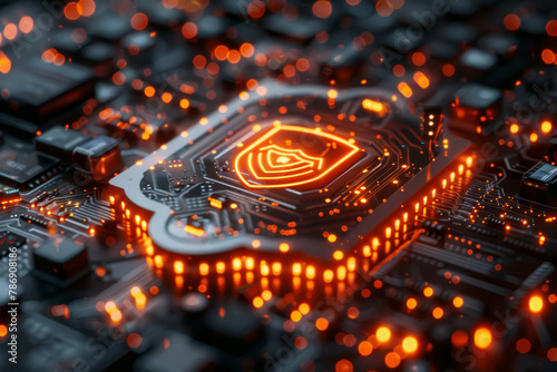A close-up of a cybersecurity chip with a shield emblem glowing  on a detailed circuit board with illuminated connections.