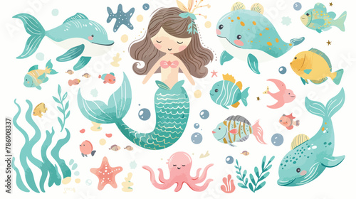 Marine life illustrations set Little cute cartoon
