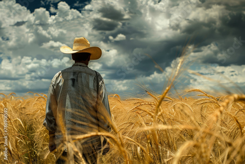 Farmer Gazing Over Golden Wheat Field © bajita111122