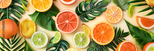 Summer bright background with oranges grapefruits and green leaves on the yellow surface. 