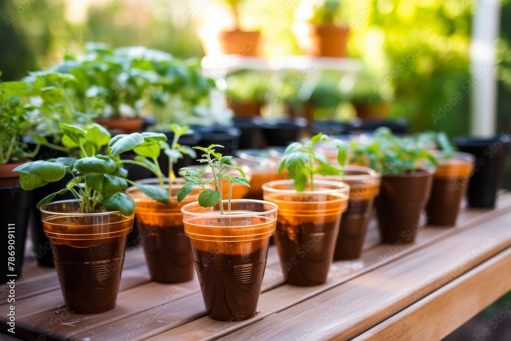 A group of lush potted plants arranged on a rustic wooden table in a harmonious display