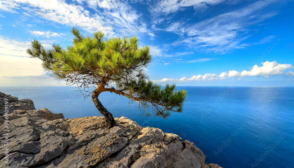 A beautiful resilient tree, small maritime pine growing on the rocky cliff with a beautiful seascape on background. Concept of tree fighting for life on a rock, hope and survival. Generative Ai. A beautiful resilient tree, small maritime pine growing on the rocky cliff with a beautiful seascape on background. Concept of tree fighting for life on a rock, hope and survival. Generative Ai.