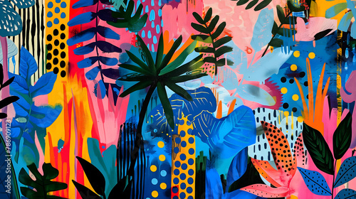 Fototapeta Naklejka Na Ścianę i Meble -  Abstract art painting of vibrant jungle rainforest with a lot of different plants. Bright vivid neon colors horizontal poster design