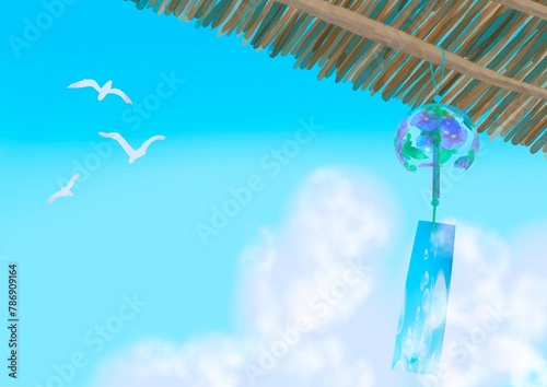 軒先で揺れる風鈴と夏空のイラスト