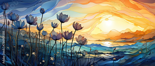 painting of a sunset with flowers and waves photo