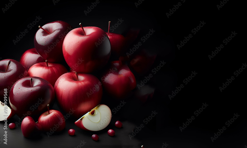 Obraz premium Red apples on dark wooden background Autumn harvest Flat lay Selective focus, generative ai