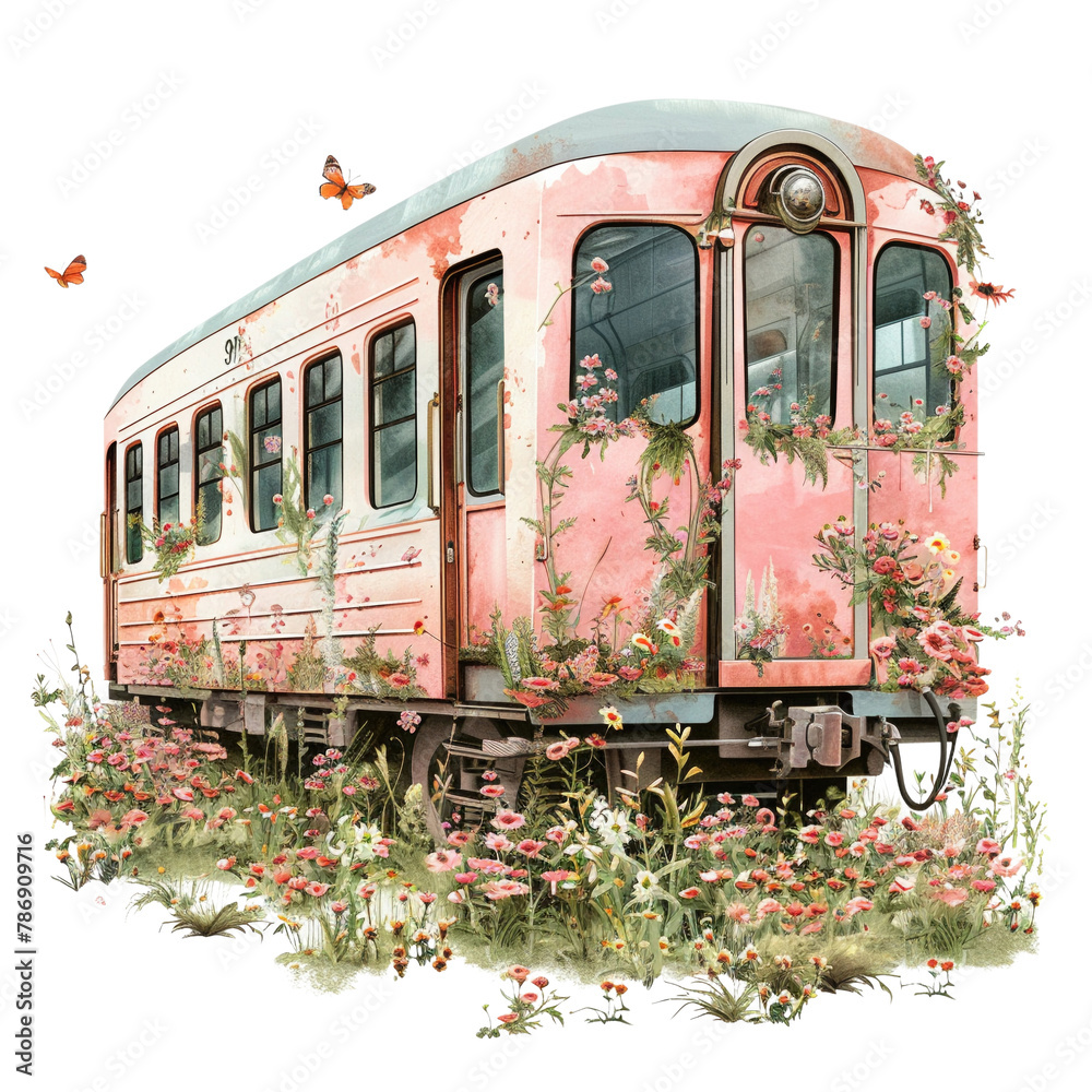 Abandoned classic locomotives in a field of wildflowers The surface of the car is decorated with natural art with intertwined vines. and bright flowers bloom