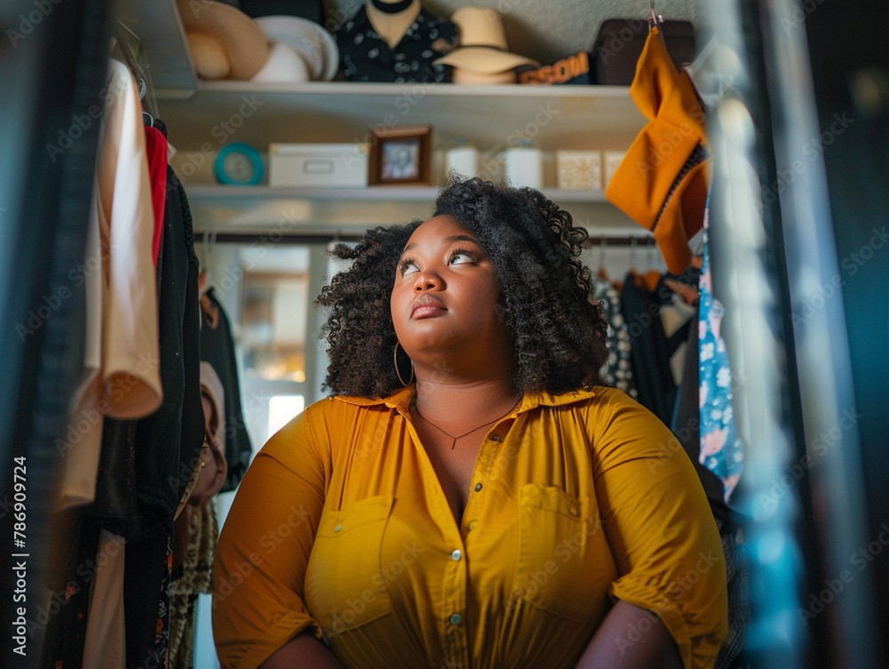 Body Positive Concept: Plus Size Woman Choosing Clothes in Home Wardrobe. Overweight Young Woman Holding Hangers with Blouses, Contemplating Fashion Choices in Front of Mirror