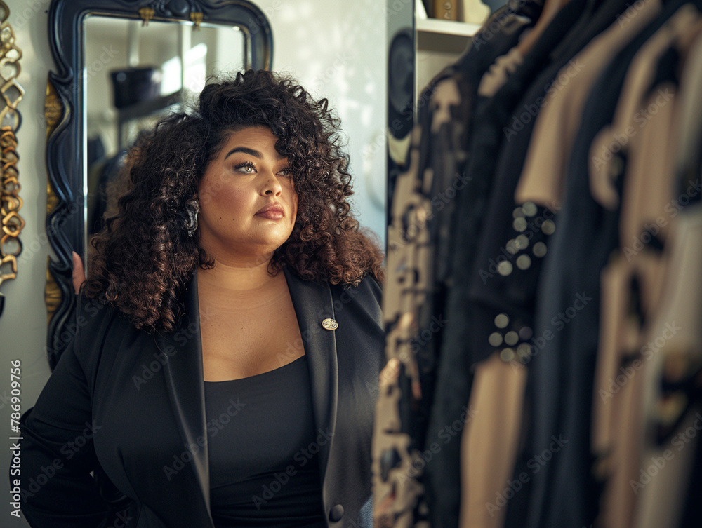 Body Positive Concept: Plus Size Woman Choosing Clothes in Home Wardrobe. Overweight Young Woman Holding Hangers with Blouses, Contemplating Fashion Choices in Front of Mirror Body Positive Concept: Plus Size Woman Choosing Clothes in Home Wardrobe. Overweight Young Woman Holding Hangers with Blouses, Contemplating Fashion Choices in Front of Mirror