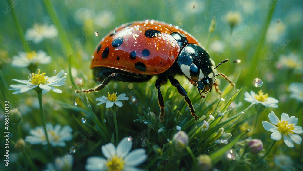Fototapeta premium Image of beetles among flowers and grass, macro 4K photo 5