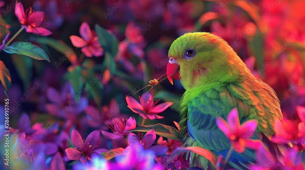 Naklejka premium Vibrant green bird pecking flowers