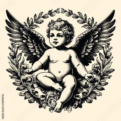 hand drawn baby with wings old engraving vector illustration style. retro vintage illustration baby with wings in old engraving vecor style