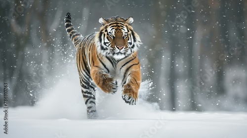Tiger in wild winter nature. Amur tiger running in the snow. Action wildlife scene with danger animal. Cold winter in tajga Russia   photo