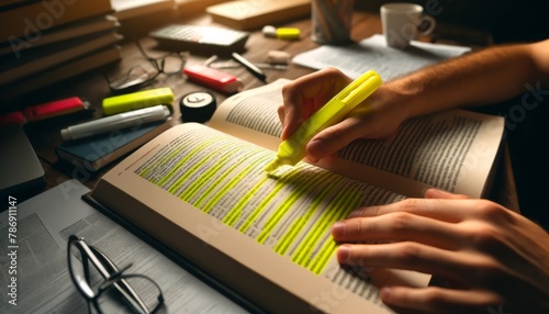 A close-up of a person's hand underlining key sentences in a thick textbook with a bright yellow highlighter. photo