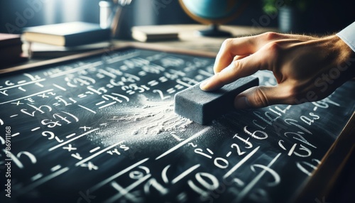 A close-up of a person's hand erasing a portion of a mathematical equation on a black chalkboard, with chalk dust softly falling. photo