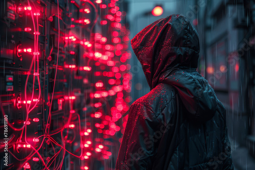 A mysterious figure in a raincoat stands next to glowing red neon lights on a rainy, urban night..