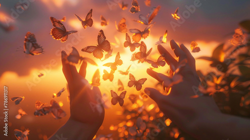 Delve into a touching depiction of hope and liberation as human hands set free a group of butterflies against the backdrop of a radiant sunset