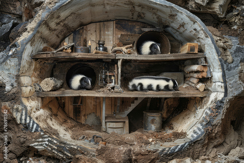 Badgers in Underground Burrow with Artifacts