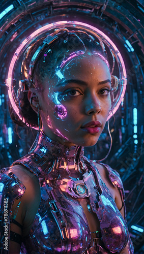 beautiful woman wearing futuristic clothing surrounded by glowing neon lights cybertechnology