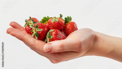 Woman hand holding some strawberries, AI Generative.