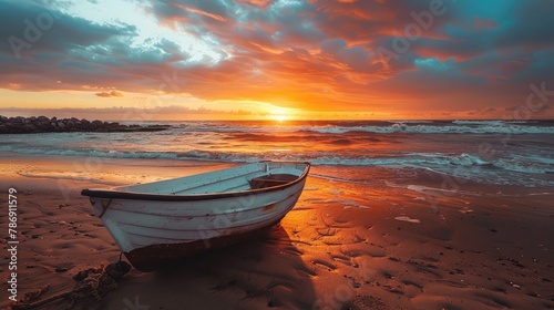 Boat on the beach at sunset