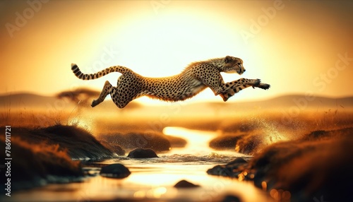 A cheetah leaping gracefully over a small stream.