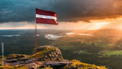 The Flag of Latvia On The Mountain
