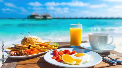 Luxurious Breakfast Spread on a Table with a Stunning Beach Background 