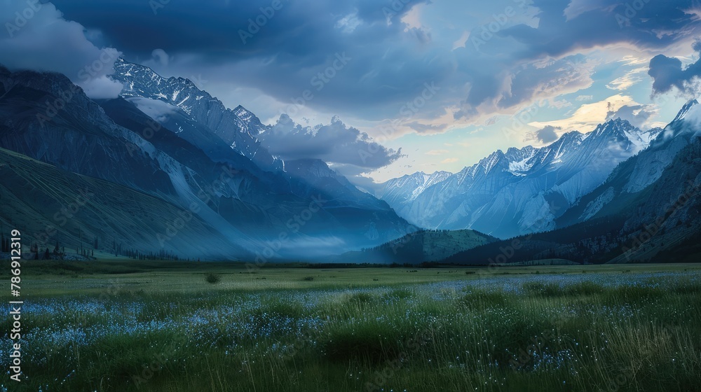 Breathtaking panorama of evening wild nature high in mountains