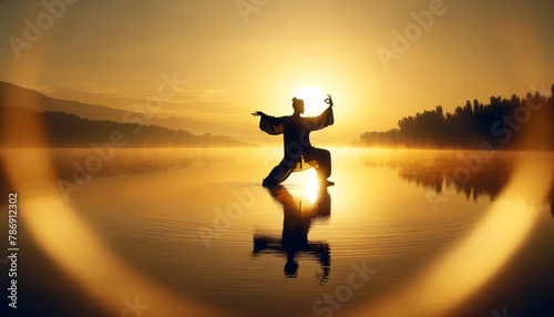 A silhouette of a person practicing Tai Chi by a calm lake at dawn, with golden light shimmering on the water.